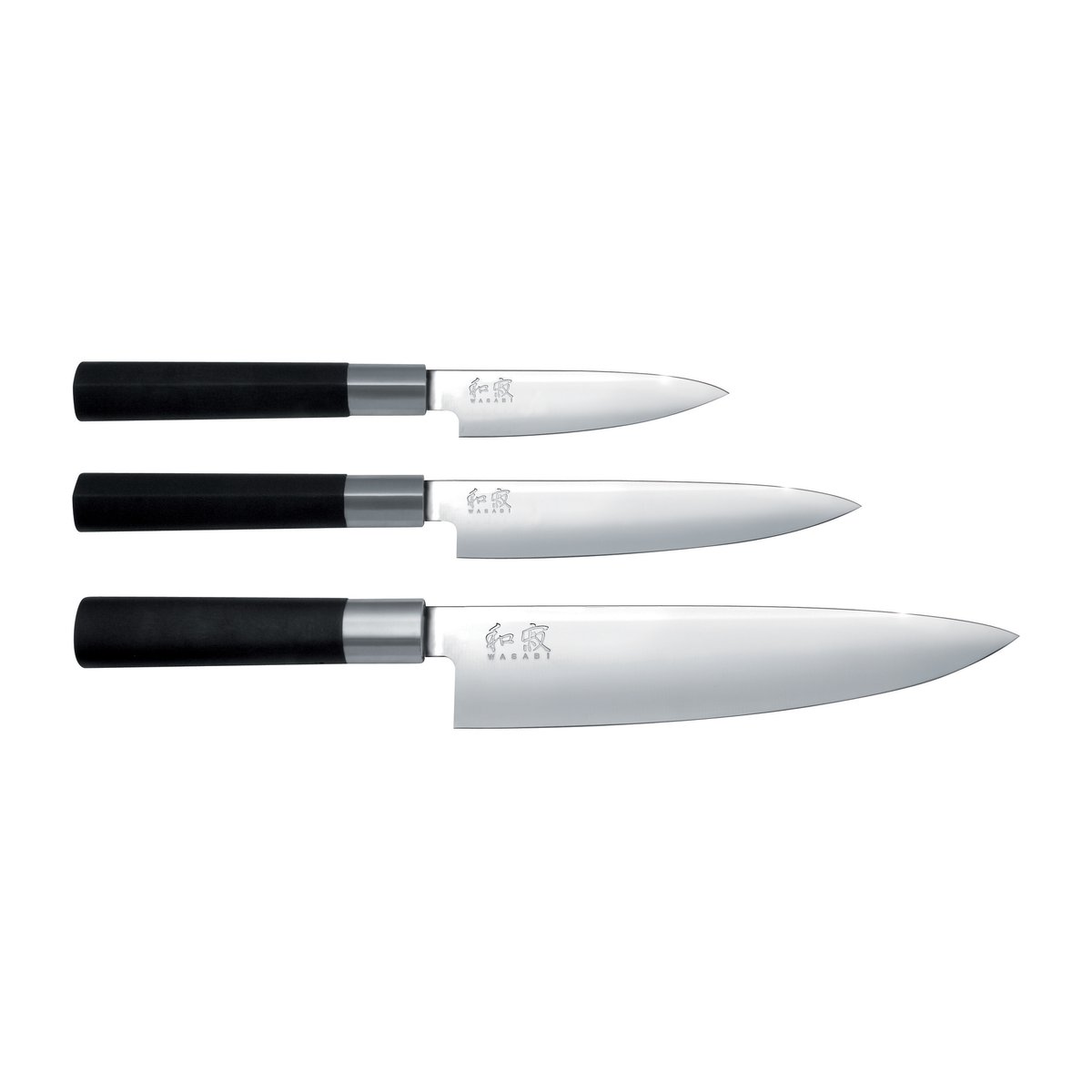 KAI Kai Wasabi Black kokkeniv og 2 universalkniver sett 3 deler