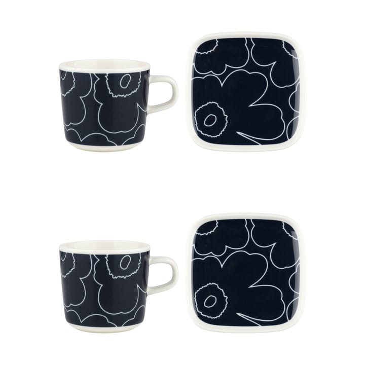 Piirto Unikko kopp og fat sett 20 cl, 4 deler - White-dark blue - Marimekko