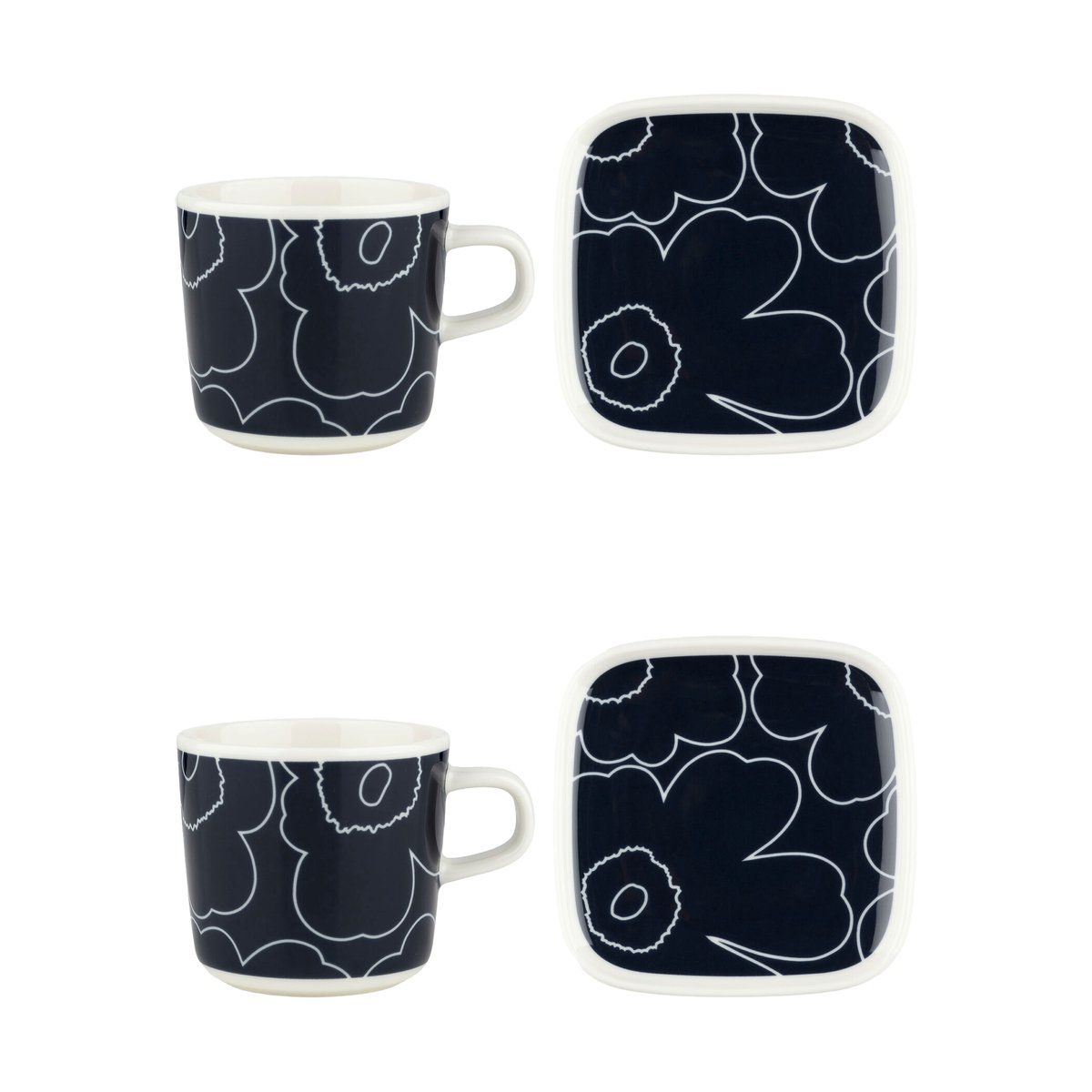 Marimekko Piirto Unikko kopp og fat sett 20 cl 4 deler White-dark blue