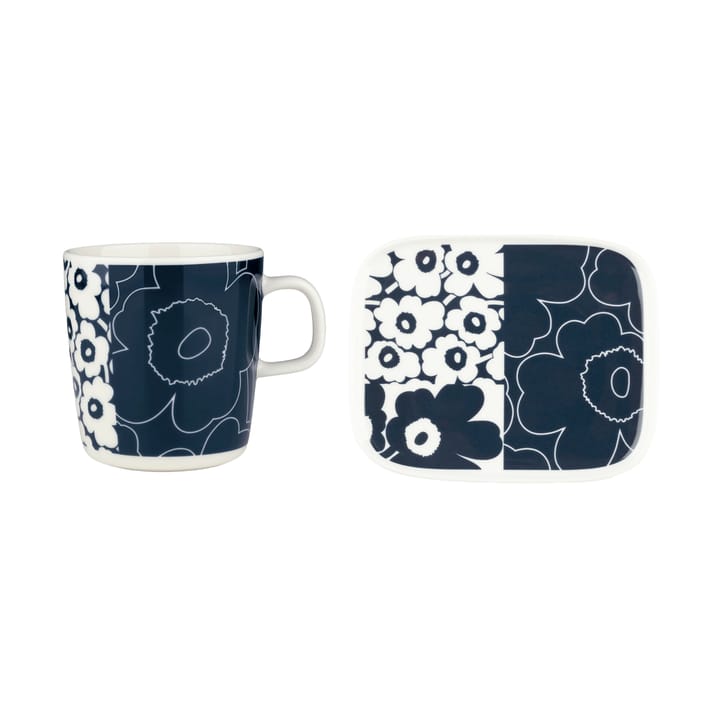 Unikko Kollaasi brikke + kopp, 2 deler, White-dark blue Marimekko