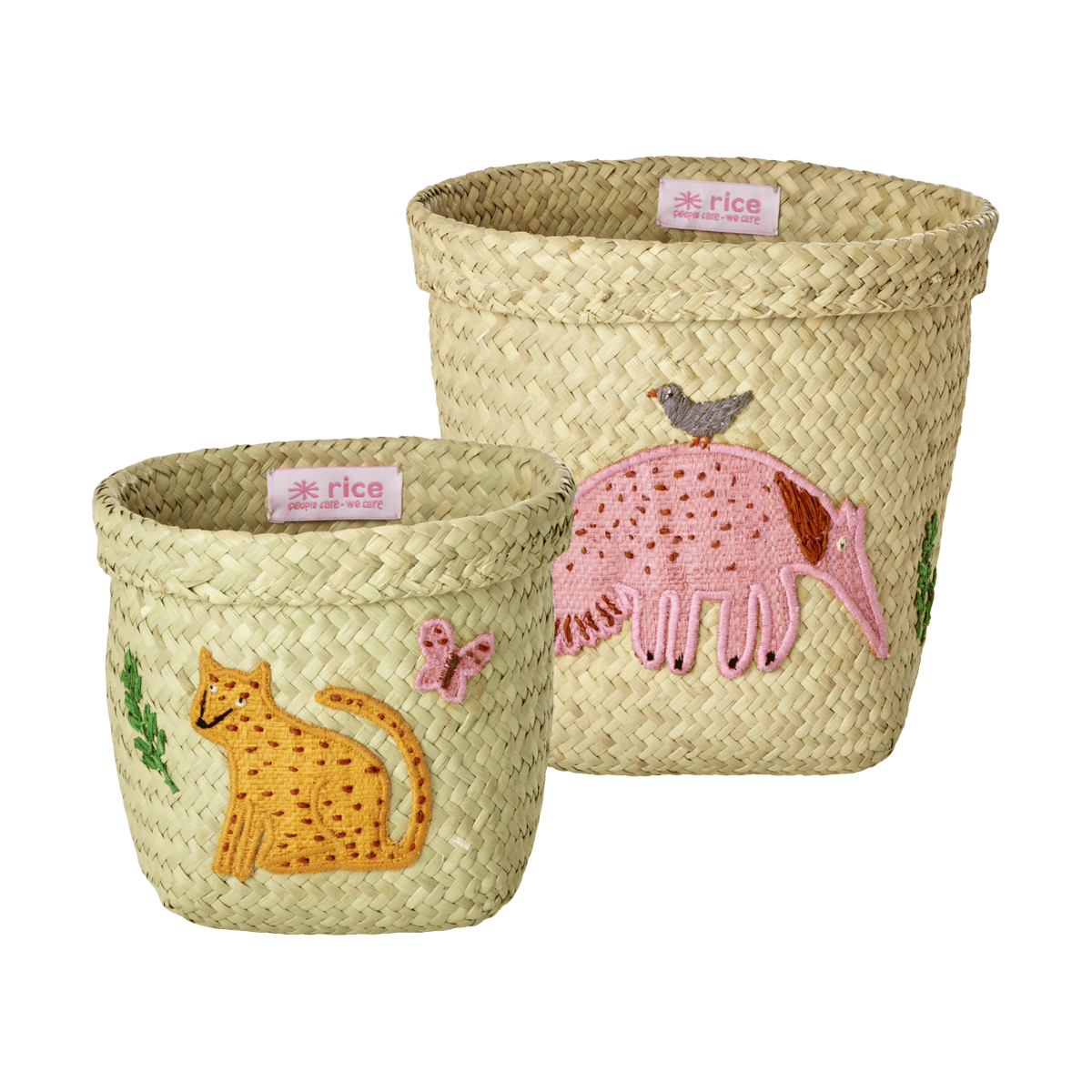 RICE Rice raffia oppbevaringskurv rund 2 deler Animal Embroidery-Pink-Orange