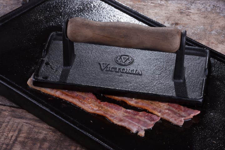 Bacon- og grillpress støpejern med trehåndtak, 21x11 cm Victoria